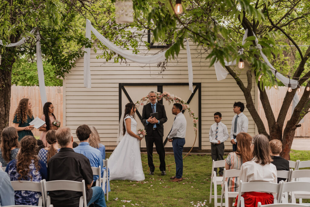 Elegant intimate wedding setup with a small guest list at an outdoor venue in Oklahoma